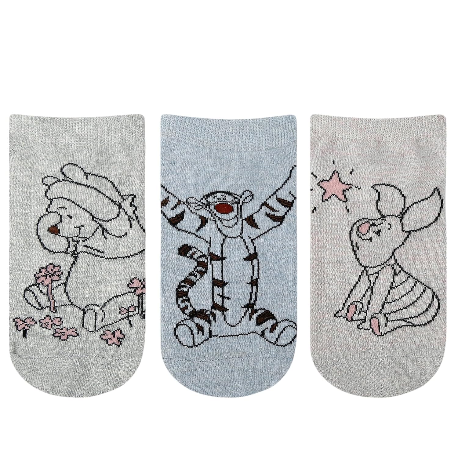 SocksXpress Disney Winnie the Pooh Character Lowcut/Ankle length socks for Women (Pack of 3 Pairs)(Free Size) White, Black, Grey|Made with 100% Cotton & Spandex